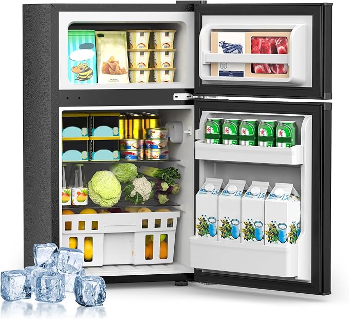 Electactic 3.2 Cu.Ft Mini Fridge with Freezer for Bedroom, Office, Black | 2 Reversible Doors, Adjustable Thermostat & Removable Glass Shelves, Energy Saving, Compact Small Refrigerator for Apartment by Electactic