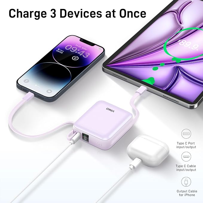 VINKO Portable Charger Power Bank with Built-in Cables, 22.5W Fast Charging 10000mAh Phone Charger, Small Travel Battery Pack with Smart LED Display for iPhone, Android & USB-C Devices(Purple) - Image 7