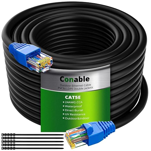 Cat5e Outdoor Ethernet Cable 100 Feet, Cat 5e Heavy Duty Internet Network LAN by Conable