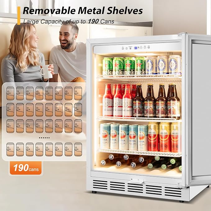 24" Beverage Refrigerator Glass Door Reversible White | Built-in/free, fast cool, <38dB, temp memory, glass+lock, 37-65°F, 190 can - Image 3