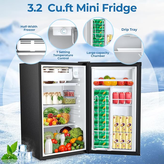 Electactic 3.2 Cu.ft Mini Fridge with Freezer, Compact Refrigerator with Reversible Single Door, Adjustable Thermostat, Low Noise, Energy Efficient for Office, Dorm, Bedroom, Apartment (Black) - Image 2