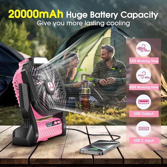 Peouix Portable Rechargeable Fan, 20000mAh Cordless Battery Powered Camping Tent Fans with LED Lantern, Small USB C Operated Outdoor Ventiladores for Travel Camp Fishing Office Home Essentials - Image 2