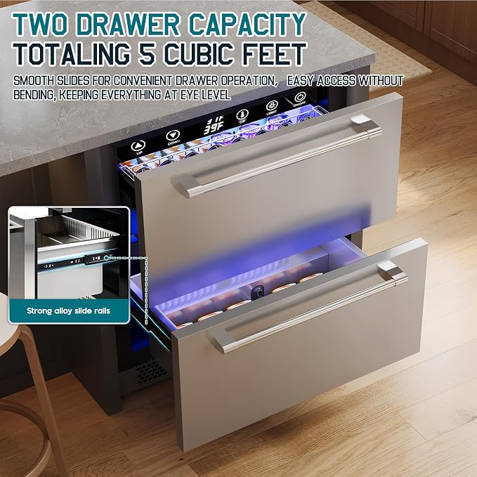 Albott 24 Inch Under Counter Drawer Fridge, Low Noise Beverage Refrigerator | Includes Stainless Steel Dual Drawers, LED Touch Control, Adjustable Storage, Frost-Free, 34-72℉ for Indoor or Outdoor Use - Image 2