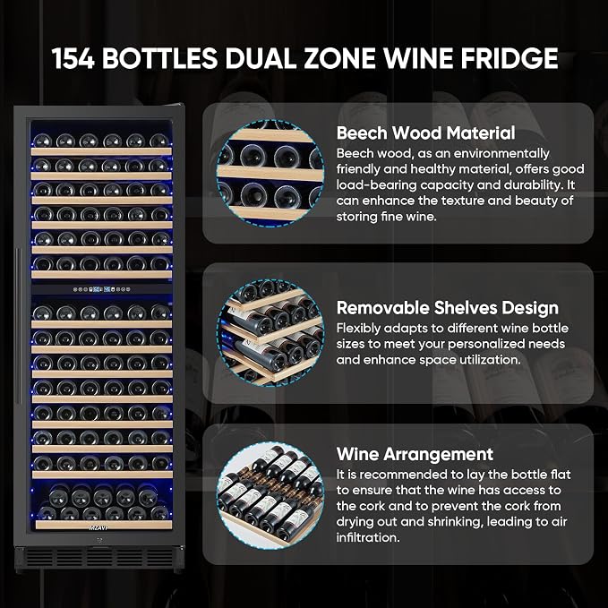 Dual Zone Wine Cooler Refrigerator, 24 Inch Wine Fridge Freestanding or Built-in, 154 Bottle Large Capacity Wine Cooler with Advanced Compressor, Air-circulation System and Low Noise - Black - Image 4