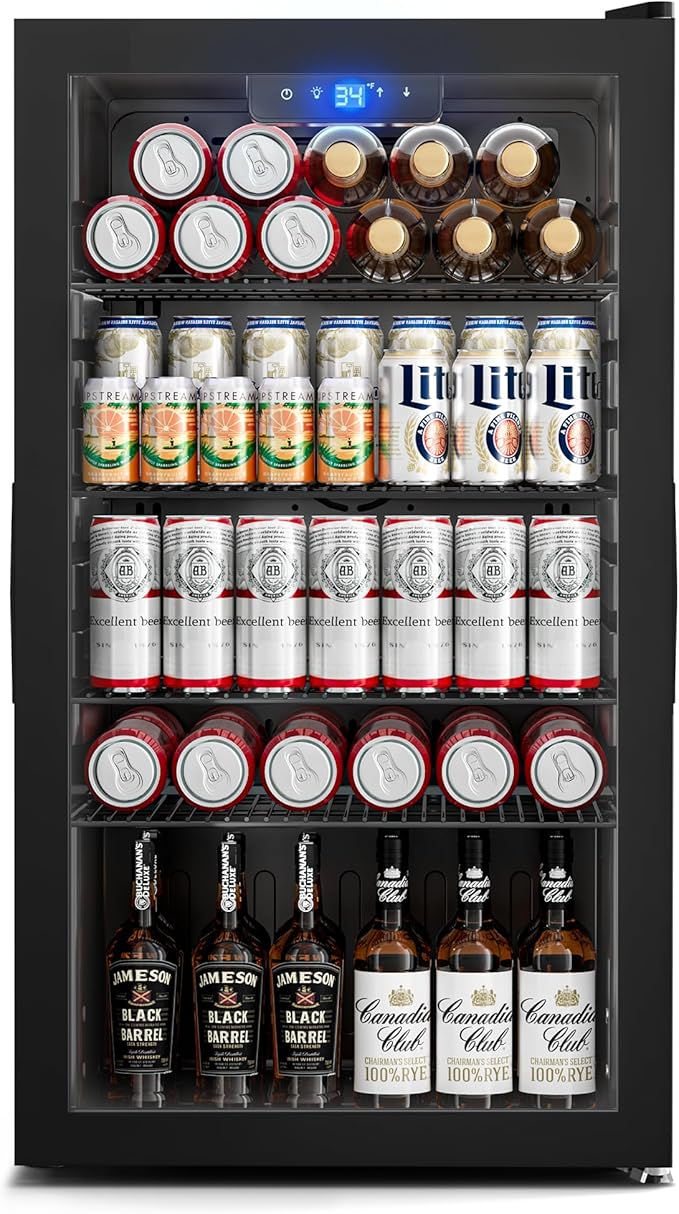 130 Can Beverage Refrigerator, 3.2 Cu.ft Mini Fridge, Glass Door, Black | 34-64°F, LED Interior Light, Adjustable Removable Shelves, Beverage Cooler for Bedroom, Office, Bar by Manastin