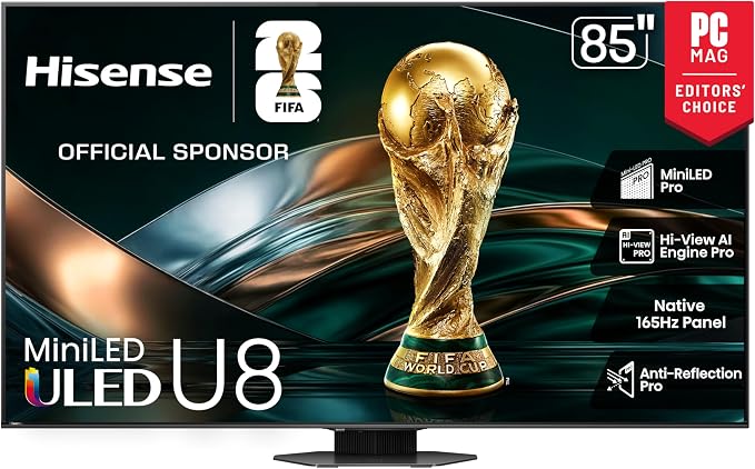 Hisense 85" U8 Series ULED Mini-LED 4K UHD Smart Google TV (85U8QG) - QLED, Native 165Hz, VRR 288, Up to LD5600, 5000 Nits, HDR10+, Dolby Vision IQ · Atmos, IMAX Enhanced, 4.1.2 Ch Audio by Hisense