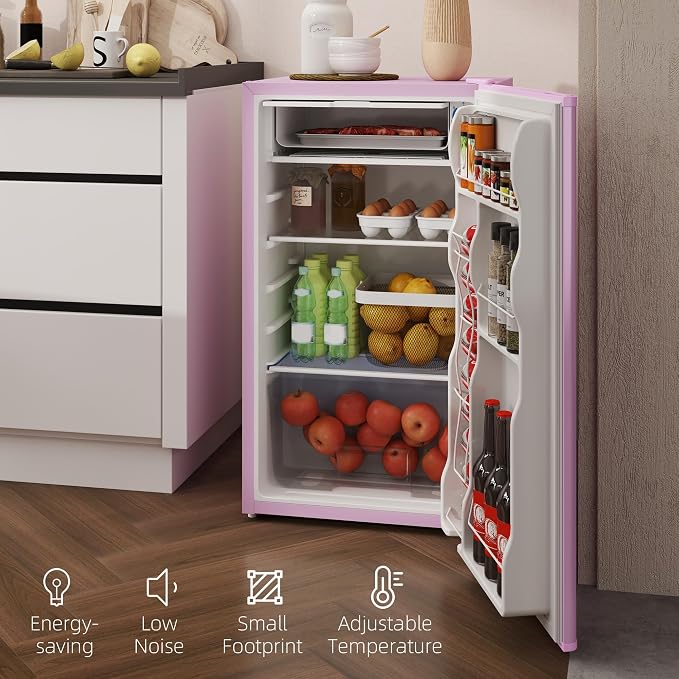 HOMCOM 3.2 Cu.Ft Mini Fridge with Freezer Single Reversible Door Pink | Compact Refrigerator, Adjustable Thermostat, Shelf, for Bedroom Dorm Home Office, Energy Efficient - Image 8