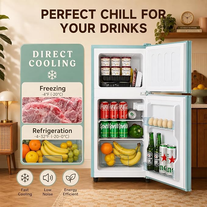 Anypro 3.2 Cu.Ft Fridge with Freezer with 2 Doors, Refrigerator with 7 Level Temperatures, LED Light, Adjustable Shelves, Food Storage Cooling Drink for Bedroom, Office, Dorm, Apartment, Green - Image 3