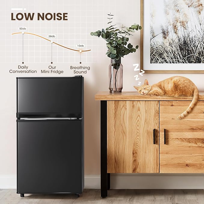 3.55 Cu.Ft Refrigerator with Freezer for Kitchen Office, Black | Double Door Small Fridge with Freezer, 7-Level Thermostat, Adjustable Shelves & Quiet Operation for Dorm and Bedroom - Image 5