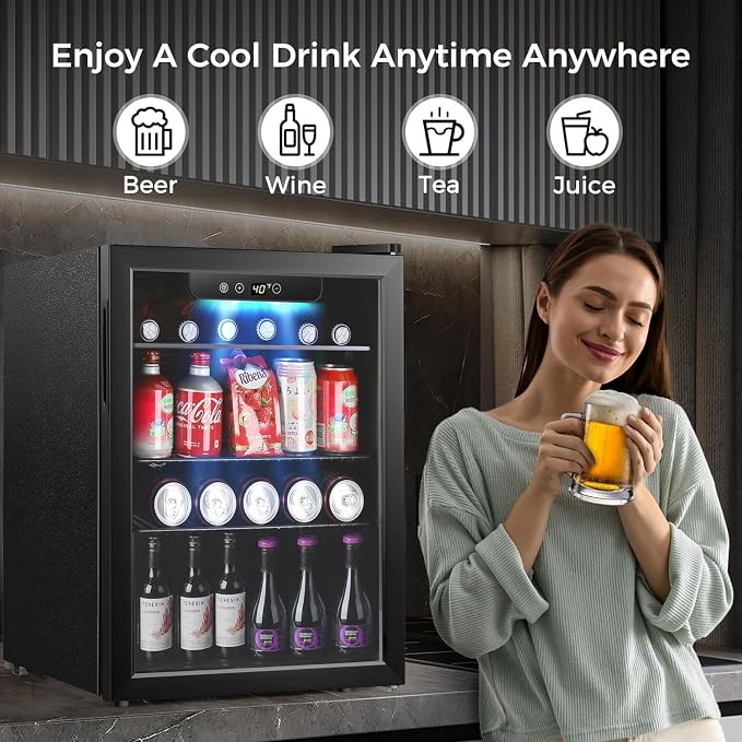 COWSAR 2.65 Cu.ft Wine Fridge, ETL Approved Beverage Refrigerator 95 Can Quiet Freestanding Mini Wine Cooler Clear Front Glass Door, Quiet Operation, Adjust Temperature for Home Bar, Drink Fridge - Image 6