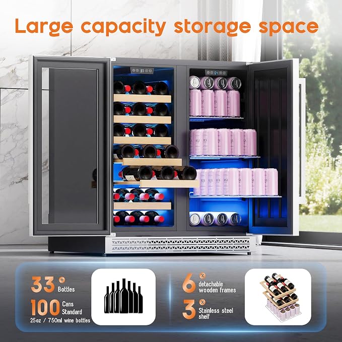 Albott 30 Inch Wine and Beverage Refrigerator, Dual Zone Wine Cooler | 37–64℉ Digital Temperature Control, Built-in or Freestanding Design, Holds 33 Bottles & 100 Cans Beer, Soda, Champagne - Image 2