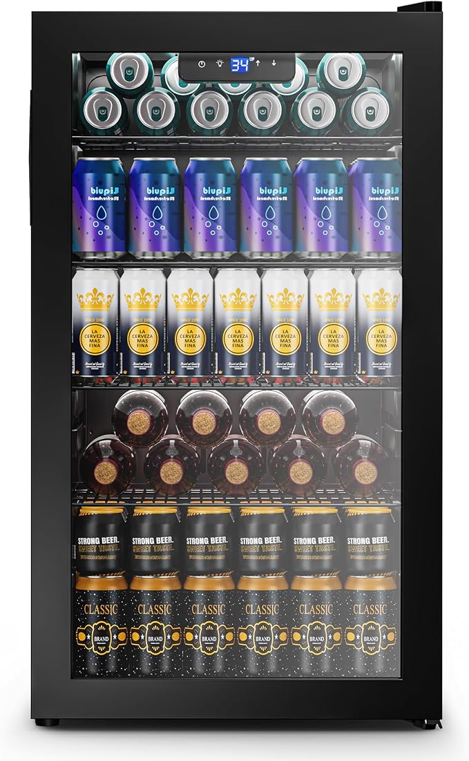 130 Can Beverage Refrigerator, Reversible Door, 3.2 Cu.Ft Drink Cooler | Glass Door, Adjustable Thermostat 34–64°F, Freestanding Beverage Fridge for Soda, Beer & Home Bar by Tehanld