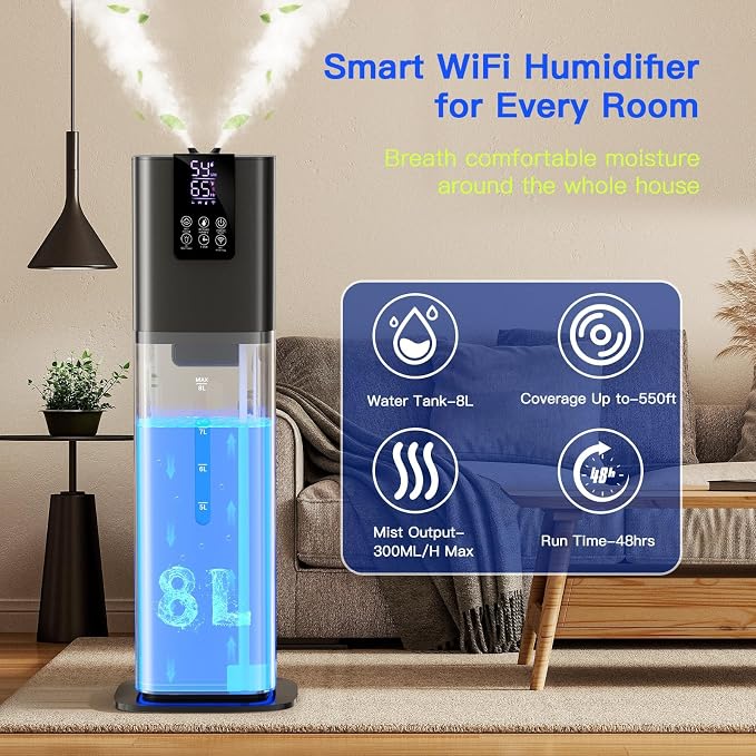 Smart Humidifiers Large Room Bedroom Home, 2.11Gal(8L) Quiet Top Fill Cool Mist Humidifier, Smart App & Remote Control, 3 Speed Humidifier with 360° Nozzle, Humidity Setting for Baby Office(Gray) - Image 3