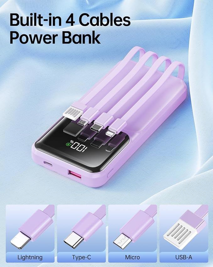 RONEGN Portable Charger with Built in Cable - Power Bank Fast Charging USB C LED Display 10000mah Battery Pack 5 Outputs & 3 Inputs for Travel Essentials iPhone Samsung Android Phones Tablets Purple - Image 2