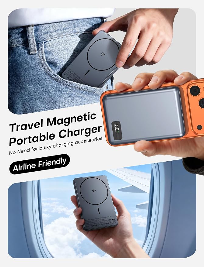 Enyneo Mag.Safe Portable Charger, 10000mAh Battery Pack - Qi2 Certified, 22.5W Fast Charging Wireless Magnetic Power Bank for iPhone 17/ Air/ 16/15/14/13/12 Series, Travel Camping Essential-Grey - Image 7