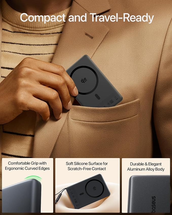 Baseus Picogo AM52 MagSafe Power Bank, Qi2.2 25W 10,000mAh Magnetic Portable Charger, 0.6" Slim Built-in 45W USB-C Cable, Alloy Fast Charging Wireless Battery Pack for iPhone 17/16/15/14/13/12 Only - Image 9