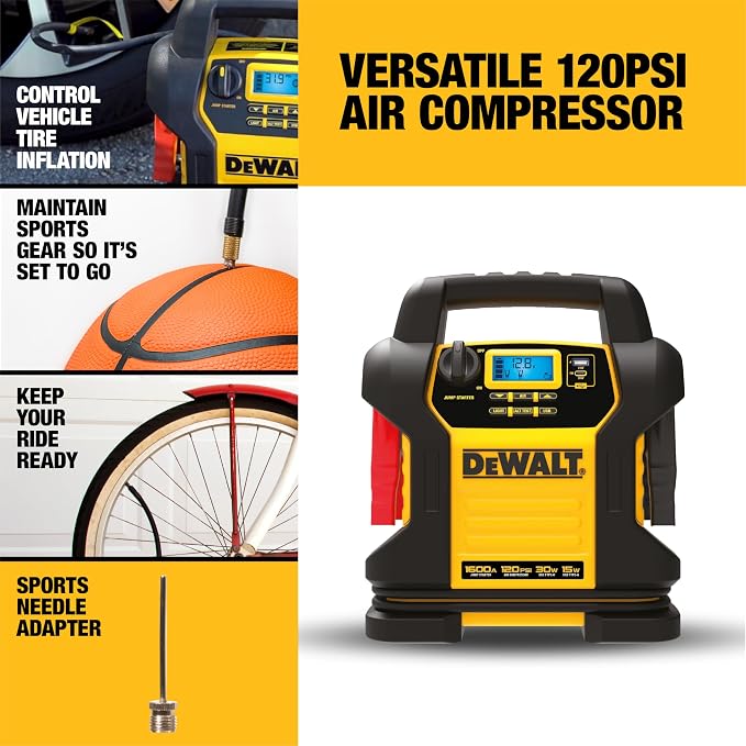 DEWALT DXAEJ14 Digital Portable Power Station Jump Starter - 1600 Peak Amps with 120 PSI Compressor for Tires, Sports Equipment & Bikes, 15W USB-A and 25W USB-C Power - Image 3