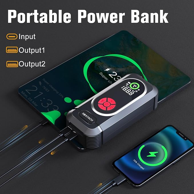 6000A Jump Starter with Air Compressor, Car Battery Jump Starter Portable (10.0 Gas/10.0L Diesel), 150 PSI 12V Car Battery Jump Box with Tire Inflator, Jumper Cables, LED Light, LED Display - Image 4
