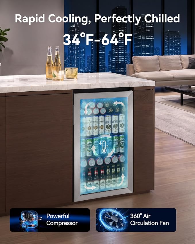 Feelfunn Beverage Refrigerator Cooler - 126 Can Mini Fridge Glass Door for Drinks Soda Beer Wine - Small Refrigerator for Office Bedroom Home Bar, 4 Adjustable Shelves, 3.2 Cu.Ft, Silver - Image 2