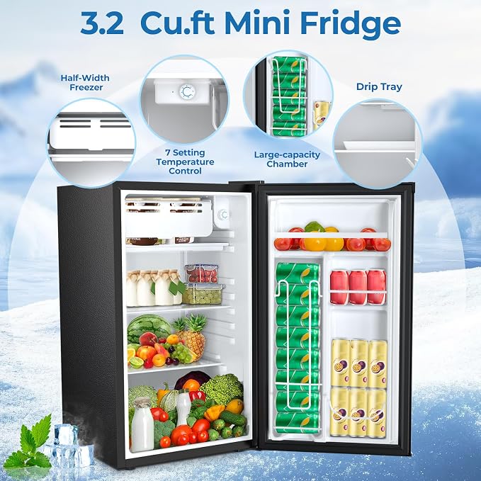 Electactic 3.2 Cu.ft Mini Fridge with Freezer, Compact Refrigerator with Reversible Single Door, Adjustable Thermostat, Low Noise, Energy Efficient for Office, Dorm, Bedroom, Apartment - Image 2