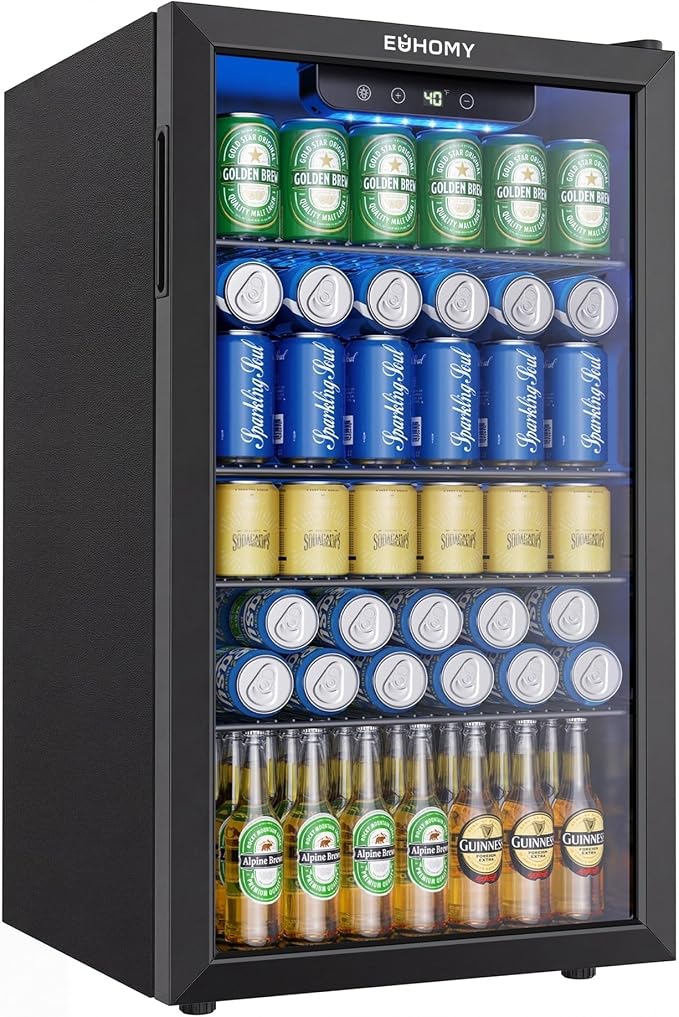 EUHOMY Mini Fridge 130 Can Beverage Refrigerator Cooler Glass Door for Soda Wine Beer, Beverage Cooler for Home, Bar, Office with Digital Temperature Control Removable Shelves, Black by EUHOMY