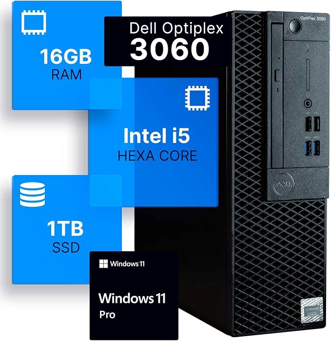Dell Optiplex 3060 Desktop Computer | Intel i5-8500 (3.2) | 16GB DDR4 RAM | 1TB SSD Solid State | Windows 11 Professional | Home or Office PC (Renewed) by Amazon+Renewed