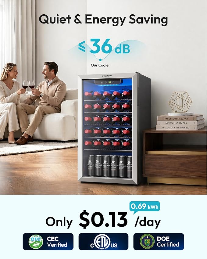 EUHOMY Wine Cooler, 128 Can Wine Fridge with Glass Door for Soda Beer or Wine, Mini Fridge for Home, Office, Bar with Removable Shelves, Silver - Image 7