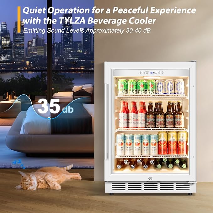 24" Beverage Refrigerator Glass Door Reversible White | Built-in/free, fast cool, <38dB, temp memory, glass+lock, 37-65°F, 190 can - Image 2