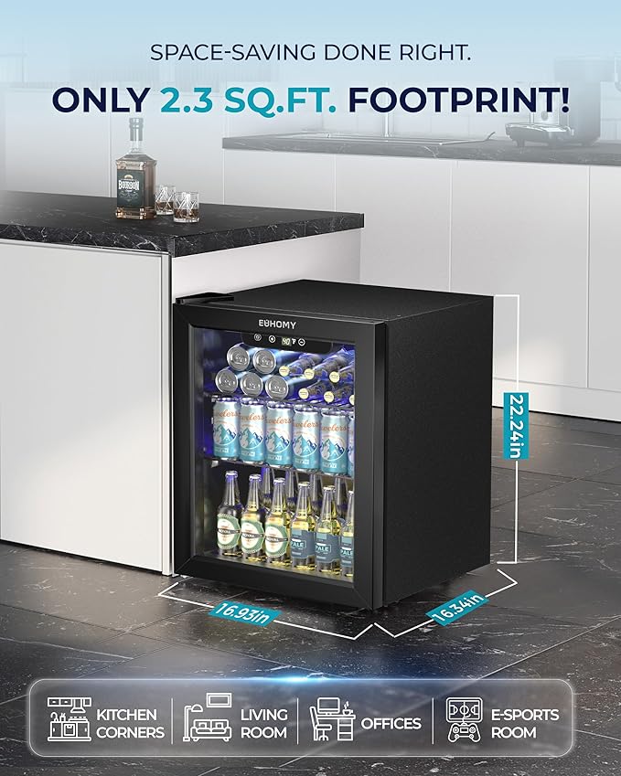EUHOMY Beverage Refrigerator Cooler - 68 Can Mini Fridge with Glass Door for Soda, Beer, Wine, Small Refrigerator with Digital Temperature Control and Adjustable Shelves for Home Office Bar, 1.7 Cu.ft - Image 3