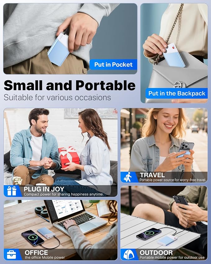 Aaoyun Portable Charger Power Bank, 10000mAh 22.5W PD Fast Charging Powerbank with Built-in USB C Cable, Slim External Phone Battery Pack for iPhone 17/16/15 Samsung S24 Android etc (Blue) - Image 7