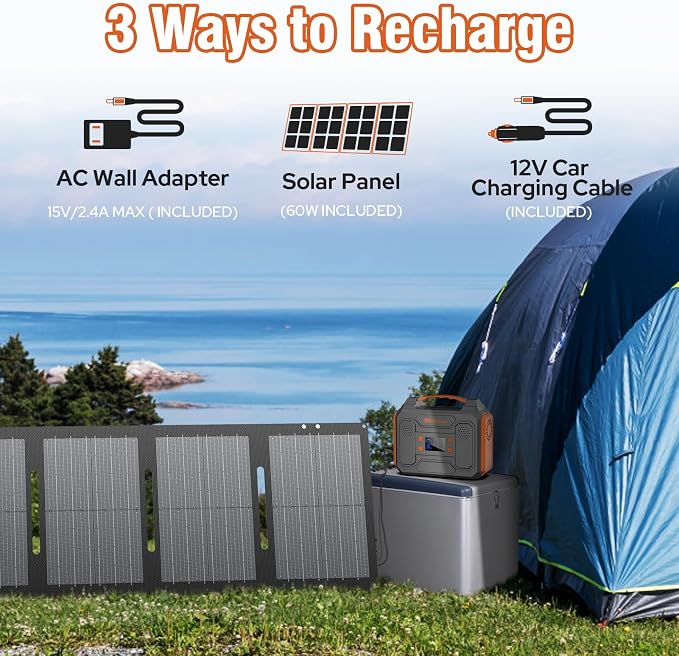 Portable Solar Generator, 300W Portable Power Station with Foldable 60W Solar Panel,110V Pure Sine Wave 280Wh Battery Power Pack with USB DC AC Outlet for Camping Smart Devices RV Van Outdoor-Orange - Image 4