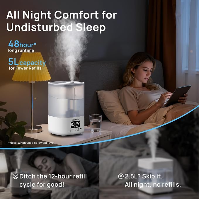 5L Top Fill Ultrasonic Humidifier,Cool Mist Humidifiers with Timer & Humidity Control for Bedroom, Baby, Large Rooms & Plants (White) - Image 4