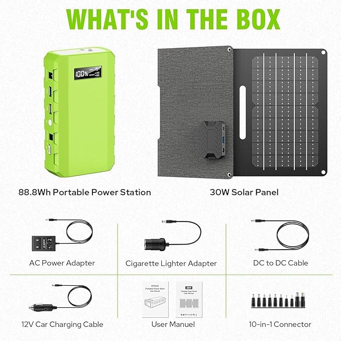 powkey 24000mAh/65W Solar Generator 30W with Panels Included, 88Wh Portable Power Station with AC Outlet, Lithium Battery Rechargeable Powered Bank with 110V AC Outlet for Emergency (Green+Black) - Image 7