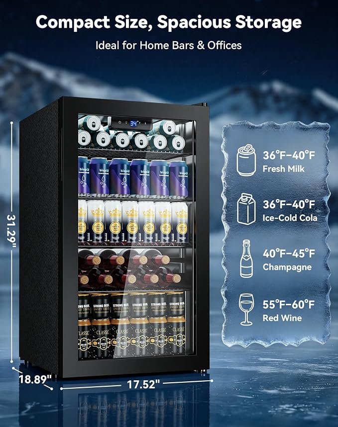 130 Can Beverage Refrigerator, Reversible Door, 3.2 Cu.Ft Drink Cooler | Glass Door, Adjustable Thermostat 34–64°F, Freestanding Beverage Fridge for Soda, Beer & Home Bar - Image 3