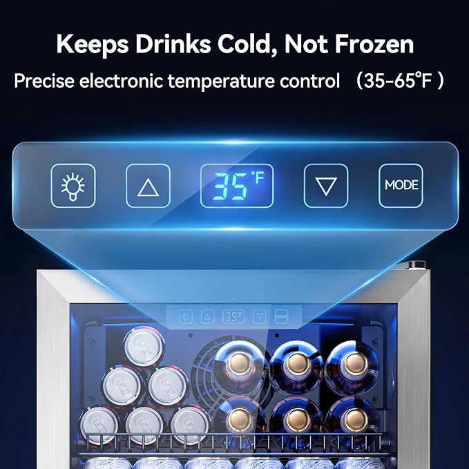 3.2 Cuft Beverage Fridge, 130 Can Mini Fridge With Glass Door, Silver | Adjustable Shelves for Wine & Beer, Digital Temp Display, Freestanding for Home & Office, Quiet Compressor Cooling - Image 4