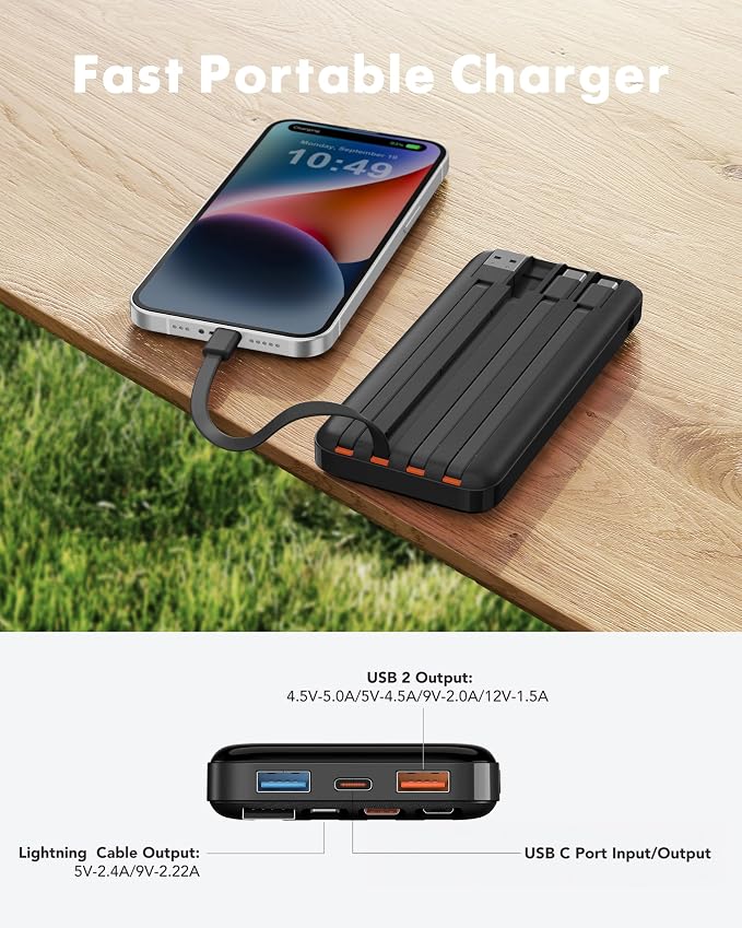 charmast 20000mAh Portable Charger with Built in Cables, 22.5W Travel Power Bank Fast Charging, USB C Cell Phone Battery Pack for iPhone 16/15/14/13/12/11 Series, iPad, Samsung, Android, Tablet - Image 8