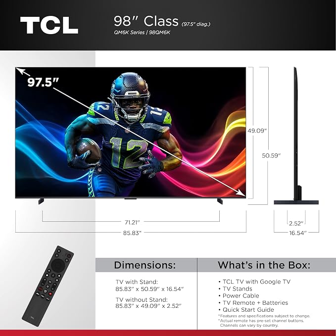 TCL 98 Inch Class QM6K Series | Mini LED QLED 4K HDR | 98QM6K, Latest Model | 120HZ-144HZ High Brightness Smart Google TV Dolby Atmos Onkyo Audio | Voice Remote Alexa Gaming Streaming Television - Image 2