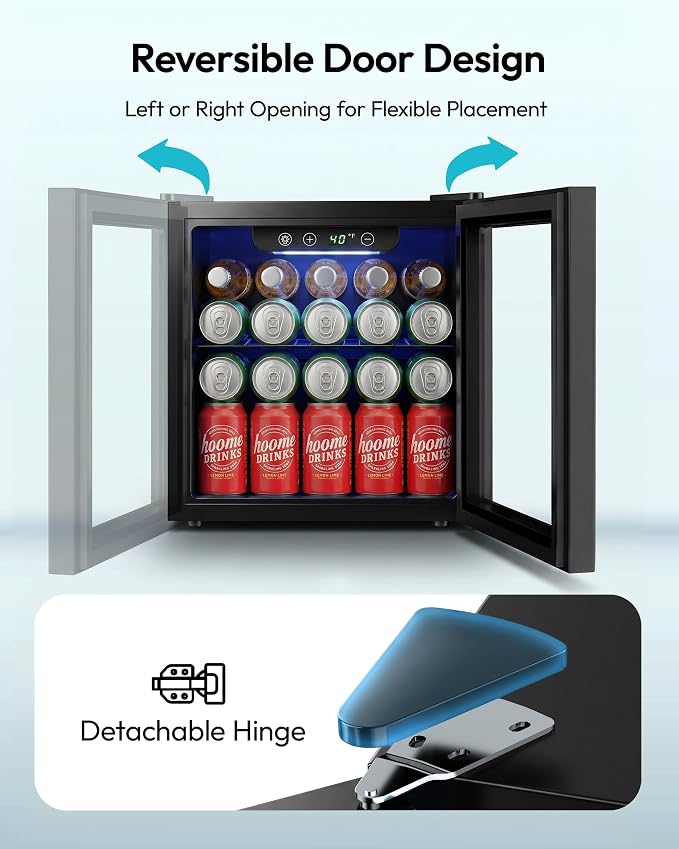EUHOMY 48 Can Beverage Refrigerator cooler-Mini Fridge Glass Door for Beer Drinks Wines, Countertop Beverage Fridge with Adjustable Shelves Blue LED for Home/Office/Dorm/Bar, 1.3 cu.ft - Image 6