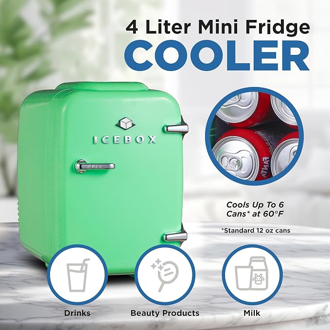 IceBox 4-Liter Mini Fridge Cooler/Warmer, IBMF4MNT, Mint Green | Portable Refrigerator Holds 6 Cans, Compact for Skincare, Beverages and Food, Includes 120V AC and 12V Car Adapters - Image 2