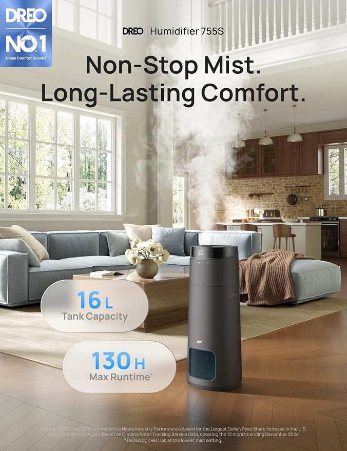 DREO 16L Smart Humidifier Large Room 1000 ft², 130H Cool Mist Air Humidifiers for Bedroom Plants Baby, Top Fill, Remote/Touch/Voice & APP Control, Clean Tank Technology, 30dB, HM755S Grey - Image 2