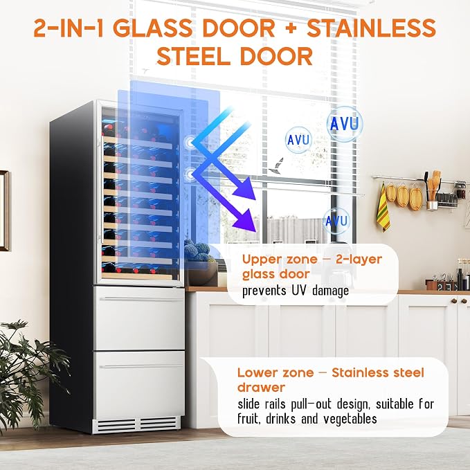 Albott 24 Inch Wine and Beverage Refrigerator, 2 In 1 Dual Zone | 49 Bottle Wine Cooler, 37–72℉, Soft LED Light, Holds 108 Bottles & 150 Cans, Built-in or Freestanding Design for Home and Bar - Image 5