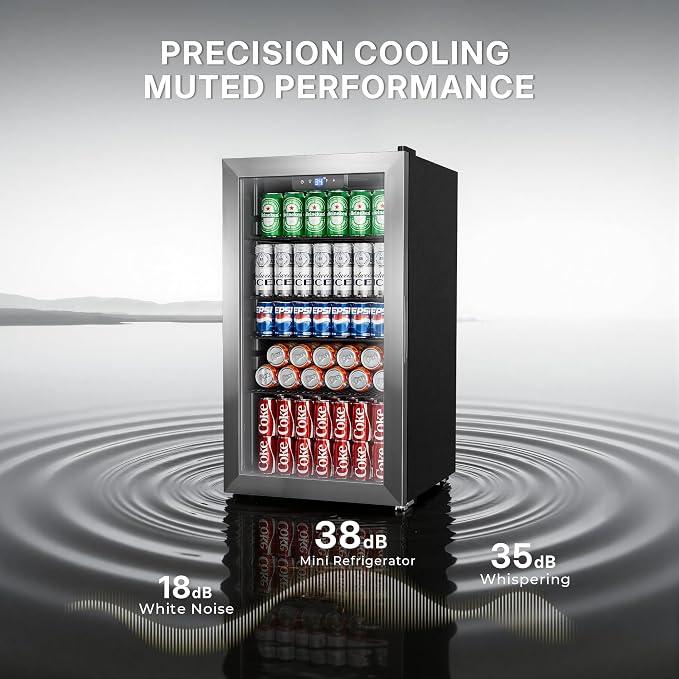 130 Can Beverage Refrigerator, 3.2 Cu.ft Mini Fridge, Glass Door, Silver | 34-64°F, LED Interior Light, Adjustable Removable Shelves, Beverage Cooler for Bedroom, Office, Bar - Image 6