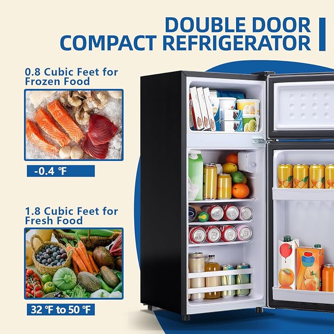 55L Capacity Black Refrigerator with Freezer Double Door Mini Fridge Small Apartment Refrigerator with 7 Adjustable Temp Control - Image 2