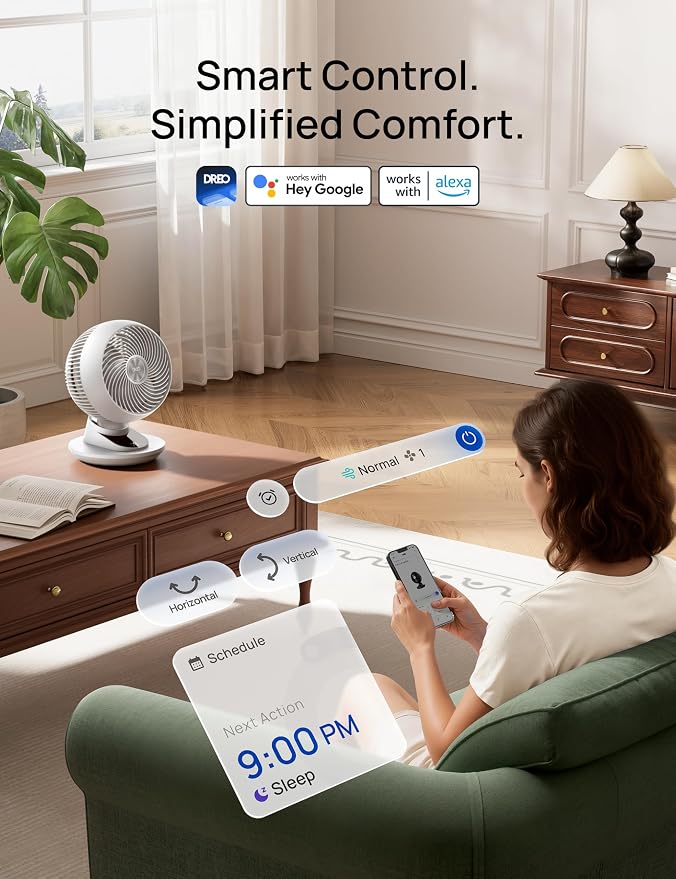 DREO Smart Fan for Bedroom, Powerful 85 ft Airflow, 12 Inches, Desk Fans in 20dB Quiet, 90°+90° oscillating fans, App/Voice Control, 9 Speeds & 8/12H Timer for Home Office Dorm - Image 7