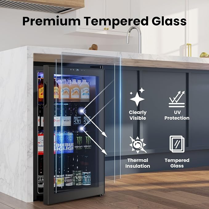 Yeego Beverage Refrigerator Drink Cooler, 130 Cans Mini Fridge | Double-pane Glass Door Cooler, 34°F-54°F Temperature Control, for Soda Wine Beer Home Office Bar, Adjustable Shelves, Black - Image 5