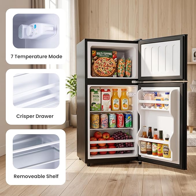3.2 Cu.Ft Mini Fridge with Freezer, 2 Door Small Refrigerator with Adjustable Thermostat Energy-efficient Low Noise, Compact Fridge for Bedroom, Office, Dorm, Black - Image 4