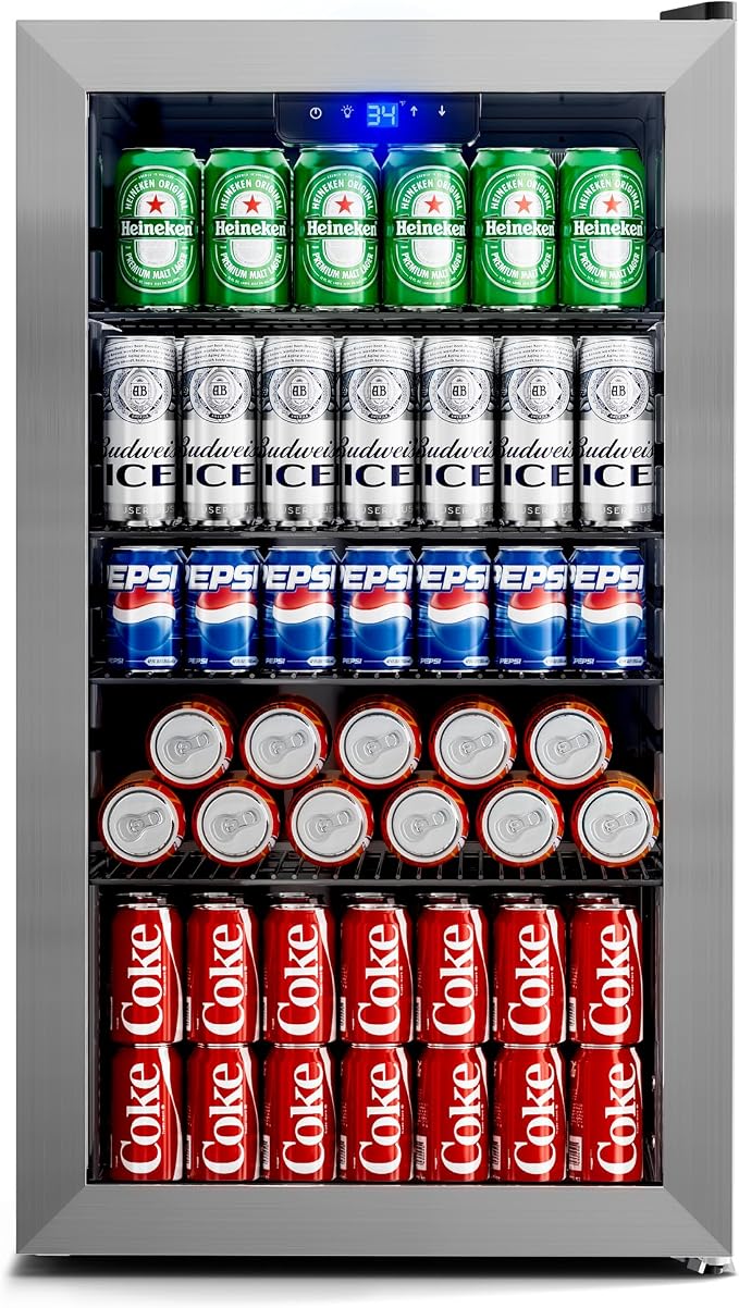 130 Can Beverage Refrigerator, 3.2 Cu.ft Mini Fridge, Glass Door, Silver | 34-64°F, LED Interior Light, Adjustable Removable Shelves, Beverage Cooler for Bedroom, Office, Bar by Manastin