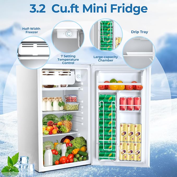 Electactic 3.2 Cu.ft Mini Fridge with Freezer, Compact Refrigerator with Reversible Single Door, Adjustable Thermostat, Low Noise, Energy Efficient for Office, Dorm, Bedroom, Apartment (WHITE) - Image 2