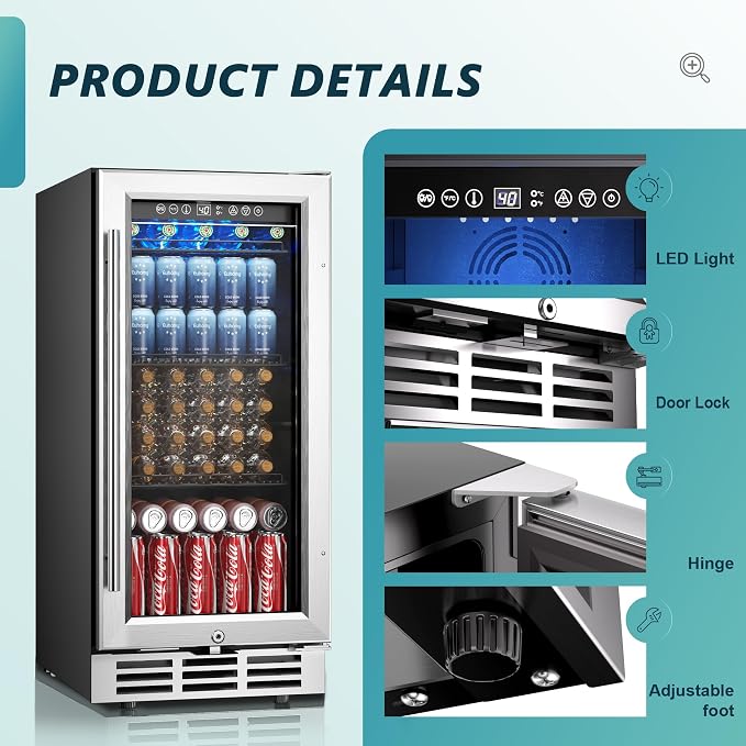 EUHOMY 15 Inch Beverage Refrigerator Cooler Under Counter 127 Cans Beverage Fridge Built-in or Freestanding with Glass Door, LED Light, Beer Fridge for Soda, Water, Wine - Home Kitchen Bar. - Image 5