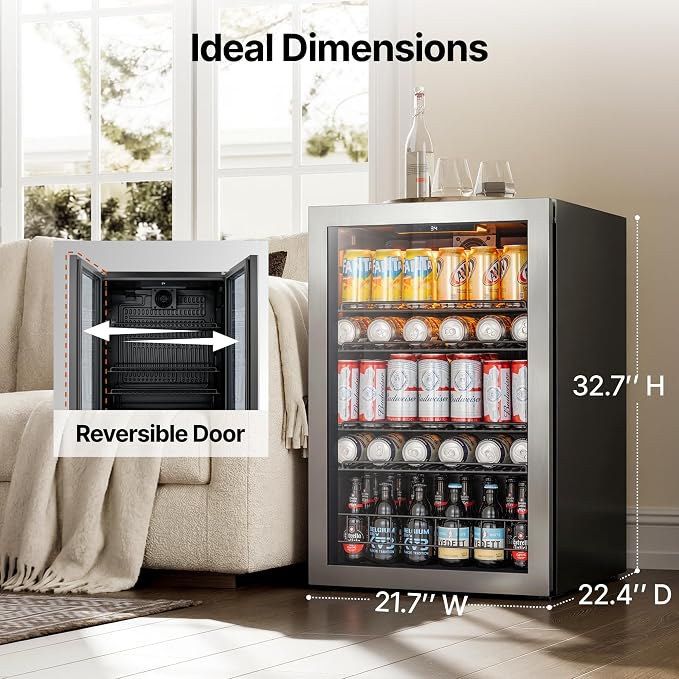 Ca'Lefort 155 Cans Mini Fridge, Beverage Refrigerator Cooler for Drink/Beer | 4.59 Cu.ft, Low-noise, Reversible Glass Door, 3-Color LED Lighting, Adjustable Shelves, 34℉ to 54℉ | Home Dorm Office Kitchen - Image 6